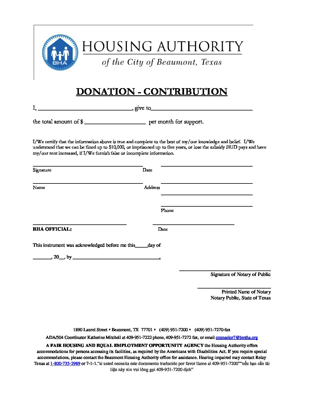 Donation Contribution WITH NOTARY Housing Authority