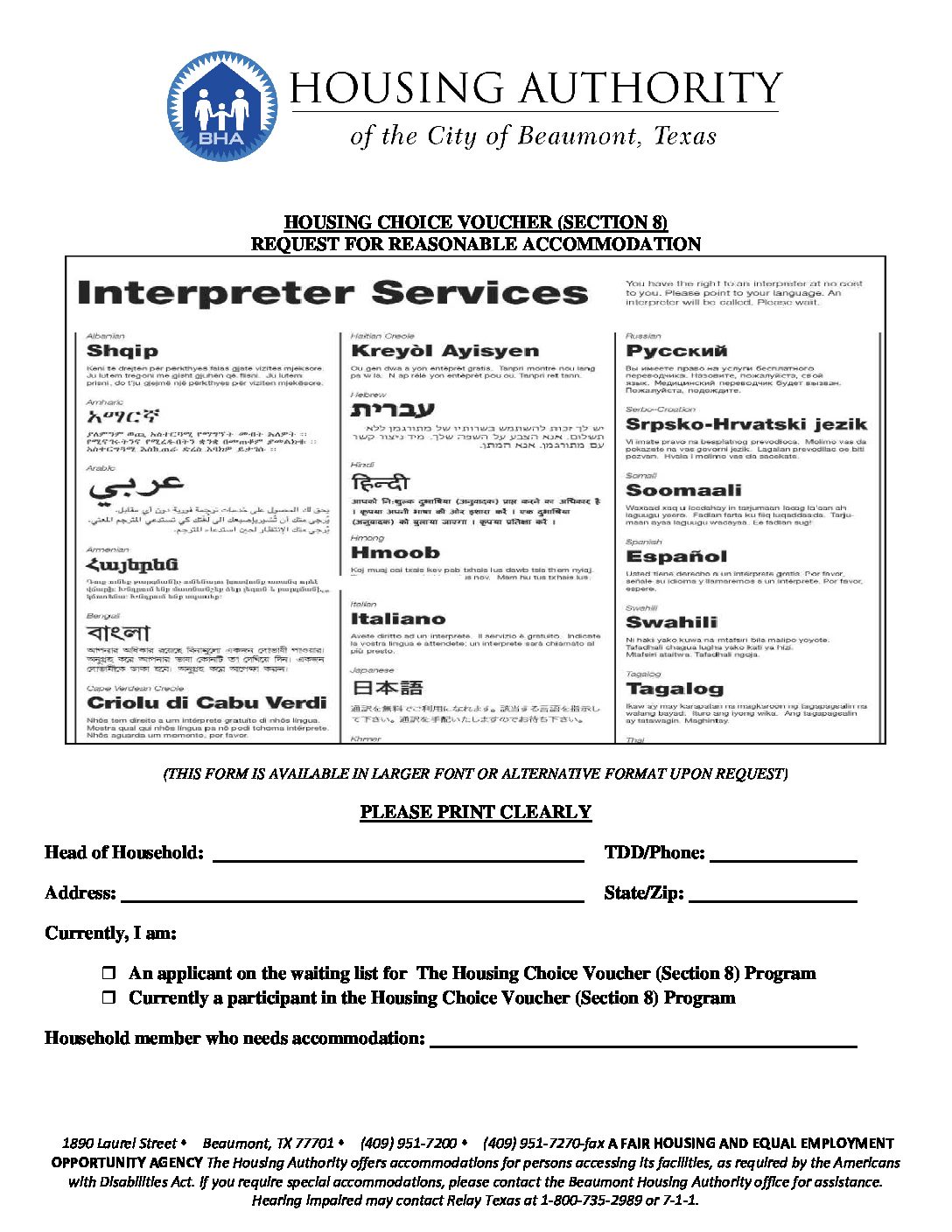 HCV Reasonable Accommodation Request Updated 10 31 2017 Housing